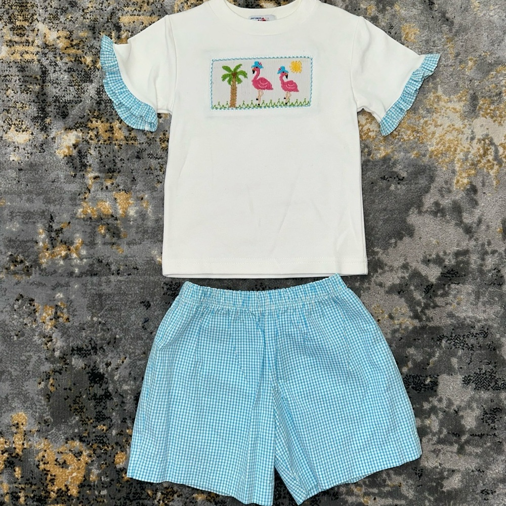Children's Flamingo T-Shirt and Shorts Set - White and Blue